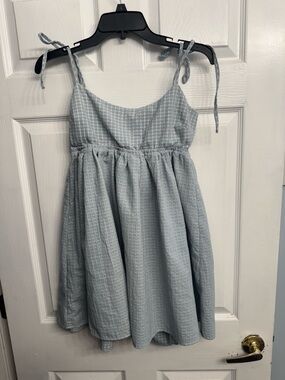Altar'd State Light Blue Checked Tie-Shoulder Mini Dress